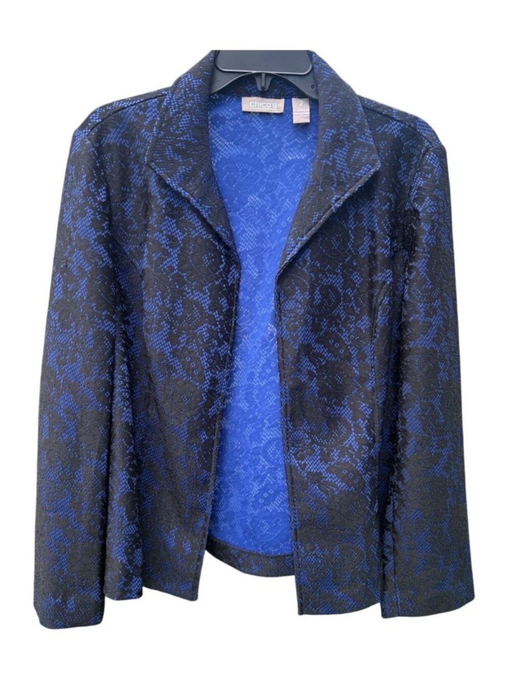 Chicos Size 2 (12) Blazer Black & Blue Lace Patterned Open Front Jacket Polyeste